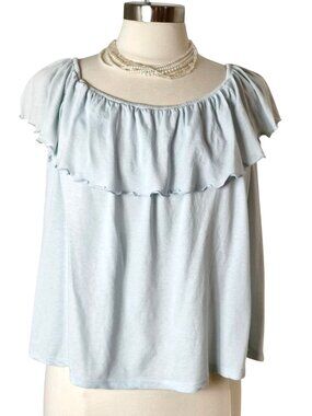 Womens L Off Shoulder Ruffle Top Light Blue Soft Cottagecore Beach Vacay Summer
